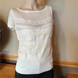 White House Black Market White Lace Crochet Top Boat Neck S #12